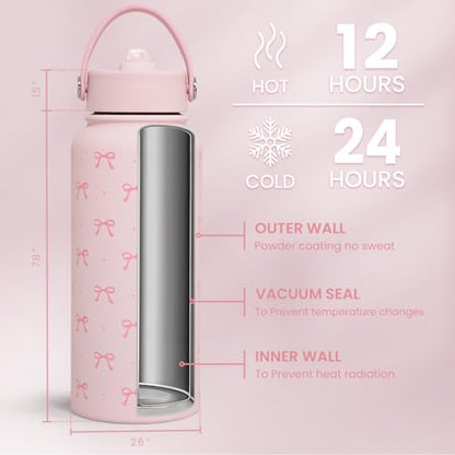 Pink Bow Water Bottle Stainless Steel Insulated Vacuum 32oz with Lid, Gifts for Women Girls Teens Birthday Christmas - color: Coquette Pink Bow