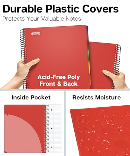 Dunwell 5-Subject Spiral Notebook, College Ruled (Red), Colorful Movable Pocket Dividers with Tabs, Front/Back Plastic Covers, 200 Sheets (400 Pages) of 3-Hole Punch Perforated 8.5x11 Paper - color: Red