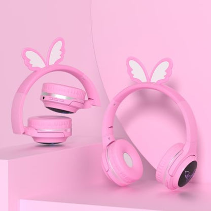 Kids Wireless Headphones with 7-Color RGB LED Lights, Long Playtime, Ultra-Soft Over-Ear for School Travel, Pink Butterfly Wings - color: Pink
