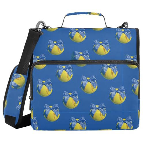 Yellow Softballs Blue Bow Zipper Binder 3 Ring with Shoulder Strap | Multi-Pocket Organizer, 2 Inch Binder Holds 500 Sheets, Zipper Binders Organizer for School Students Office - color: Multicolored.21