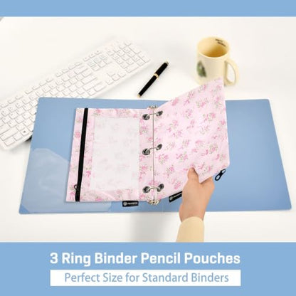 Binder Pencil Pouch for 3 Ring Binder Pencil Case Bags Pink Small Floral with Zipper Girls Clear Window 2 Pack - color: Pink Small Floral