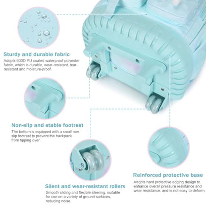 FIXITOK Rolling Backpack for Girls, Kawaii Bunny Roller Wheels School Backpacks with Lunch Bag Pencil case, Wheeled Suitcase Bookbag for Elementary Travel Dreamy Aquamarine - color: Dreamy Aquamarine