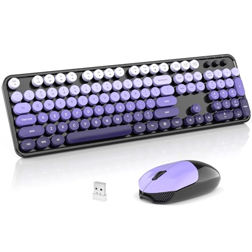 Wireless Keyboard and Mouse Combo, 2.4GHz Retro Full-Size Typewriter Keyboard with Number Pad and Wireless Mouse for PC/Laptop/Desktop/Windows (Black Purple Colorful) - color: Purple Mix