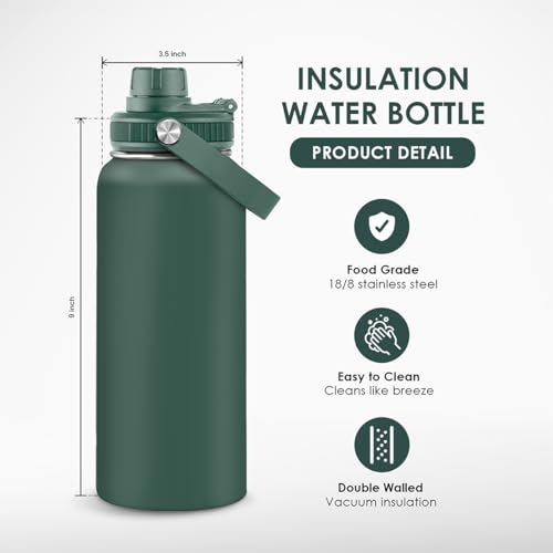 Insulated Stainless Steel Water Bottle 32oz, Vacuum Chug Lid Travel Tumbler for Men Friends Dad Brothers, Birthday Christmas Fathers Day (Army Green) - color: Solid Color 4
