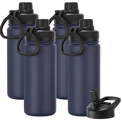 DOMICARE 16 oz Kids Water Bottle for School Stainless Steel Double Wall Vacuum Insulated Water Bottle with Straw lids & Spout Lid, Leakproof BPA Free (Navy,4) - color: Navy Blue, size: 16oz/4 Pack