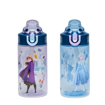 Zak Designs Disney Frozen Sage Kids Water Bottle For School or Travel, 16oz Durable Plastic Water Bottle With Straw, Handle, and Leak-Proof, Pop-Up Spout Cover, 2-Pack Set (Anna & Elsa) - color: Disney Frozen (Anna & Elsa)