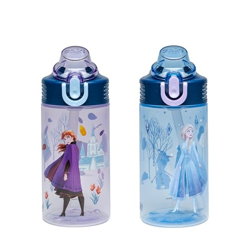 Zak Designs Disney Frozen Sage Kids Water Bottle For School or Travel, 16oz Durable Plastic Water Bottle With Straw, Handle, and Leak-Proof, Pop-Up Spout Cover, 2-Pack Set (Anna & Elsa) - color: Disney Frozen (Anna & Elsa)