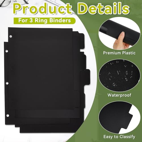 2 Set Black Binder Dividers with 5 Tabs, Plastic Binder Divider for 3 Ring Binders, 8.3 x 11 Inch Index Divider for Binders with 3 Hole for Office School Notebooks, 10 Dividers Total