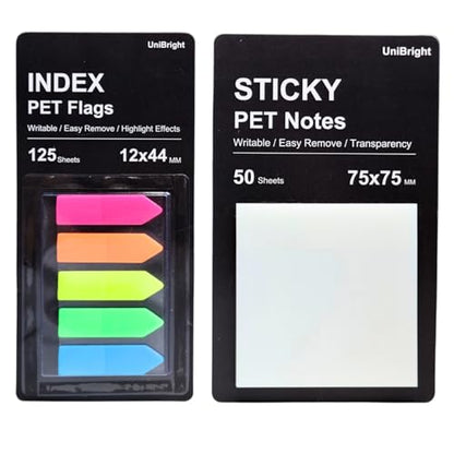 UniBright 175 pcs Arrow Page Tabs & 3x3 Inch Transparent Sticky Notes, Sticky Tabs for Books, Bible & Notebooks, Writable Repositionable Page Markers, Office, School, Home Use - color: Neon-175pcs