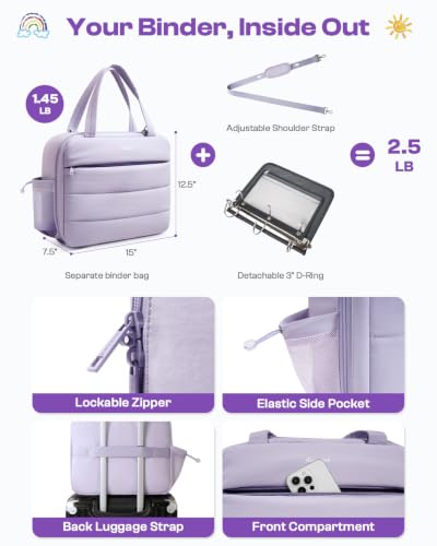 Puffer Zipper Binder 3 Ring with Pencil Pouch, 3" D-ring Binder with Zipper and Shoulder Strap, 600 Sheets Capacity Zip Up Binder with 15.6" Laptop Pocket, Binder Bag for School College Office, Purple - color: Purple