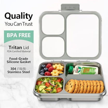 HOMEKOL Stainless Steel Bento Lunch Box 3-Compartment, 4.2Cups, Grey | Leak-Proof Metal Lunch Container for Kids & Adults, BPA-Free, Dishwasher Safe, Clear Tritan Lid, 1000ml (Not Insulated) - color: Gray, size: 34oz (1000ml)