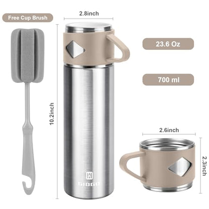 Stainless Steel Thermo 700ml/23.7oz Vacuum Insulated Bottle with Cup for Coffee Hot drink and Cold drink water flask.(Brown,Set) - color: Brown (Set), size: 23.7 Ounces