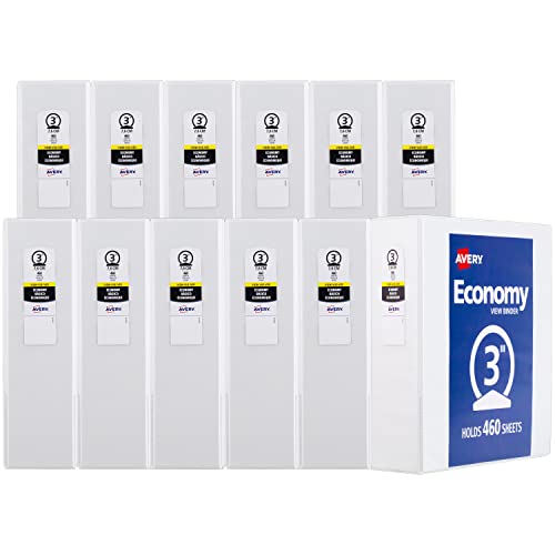 Avery Standard View 3 Ring Binders, 3" Round Rings, 460-Sheet Capacity, 3.5 Inch Wide Spine, White Binders, Ideal for Lightweight Organization and Occasional Referencing (12-Pack of 05741) - size: 3"