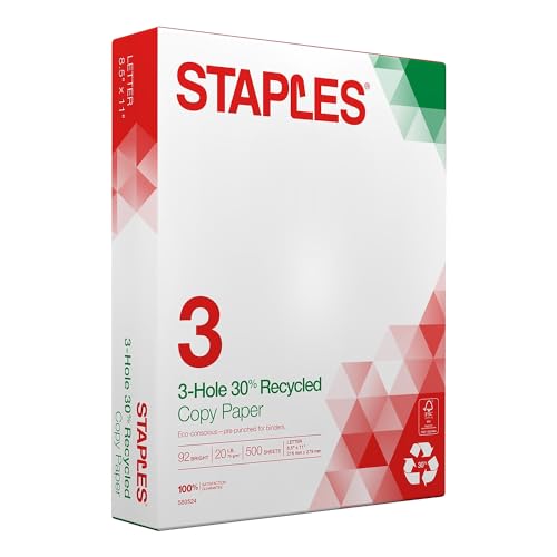 Staples 30% Recycled 8.5-Inch x 11-Inch Copy Paper 20 lbs 92 Brightness 500/Ream, For Office, School & Home - size: 500 Sheets, style: Recycled