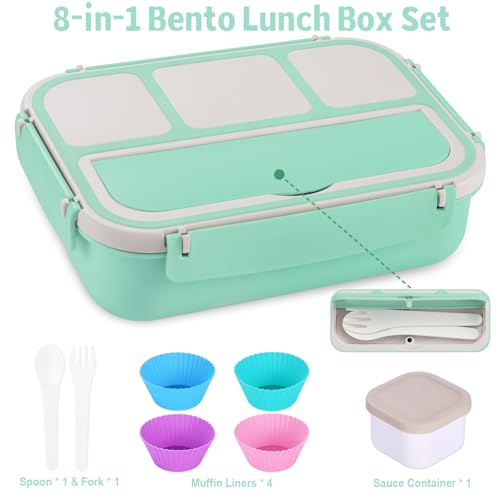 shell and turtle Bento Box Adult Lunch Box, Lunch Containers for Kids Girls Boys with 4 Compartments, Lunchable Food Container with Utensils, Sauce Jar, Muffin Liners, 40 Oz/5 Cup, Seafoam Green - color: Seafoam Green