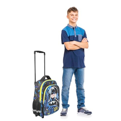 Bioworld Batman Hero Surrounded By Bats 16" Rolling Travel Backpack - color: Blue, Black & Yellow