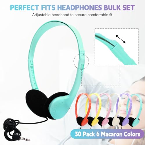 Konohan 30 Pack Headphones Bulk Headphone for School Classroom Student Wired Headphones Adjustable with 3.5 mm Jack for Adults (Macaron) - color: Macaron