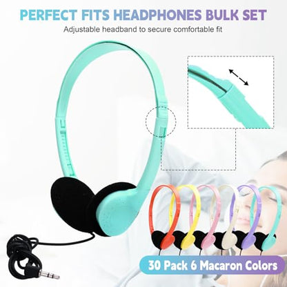 Konohan 30 Pack Headphones Bulk Headphone for School Classroom Student Wired Headphones Adjustable with 3.5 mm Jack for Adults (Macaron) - color: Macaron