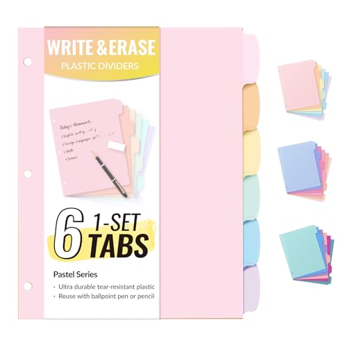 Sooez 6-Tab 3 Ring Binder dividers with tabs, Durable Plastic Write & Erase | Tab Dividers for 3 Ring Binder, Aesthetic Cute Binder Dividers for Student, Teacher, Office, Home Organizers, 1 Sets - color: Pastels, size: 1 set