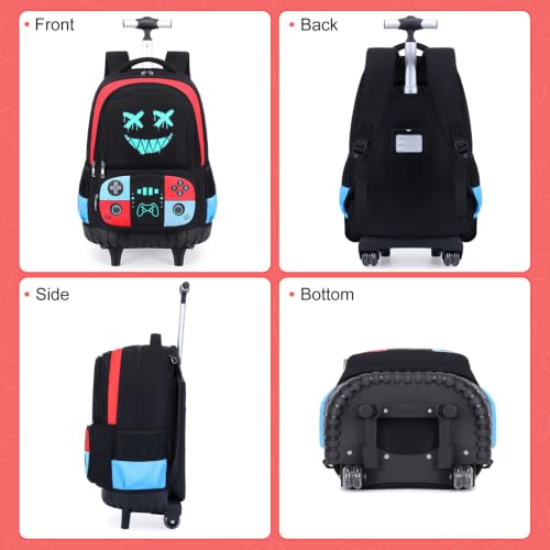 Bevalsa Rolling Backpack for Boys,Cool Luminous Gamer Roller School Backpacks with Lunch Box & Pencil Case,Kids Wheeled Schoolbag Bookbag with Wheels for Kindergarten Elementary School Travel - color: Red Blue Smile