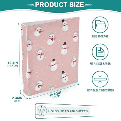 Fustylead Lovely Xmas Snowmen on Pink 3 Ring Binder, D-Rings 1.5" Hardcover Folder, Fits 200 Sheets of A4 Paper, Durable Clipboard & Clean View with Inside Pockets for School Home Office - size: 12.4x10.63x2.36 Inch-2 Pack