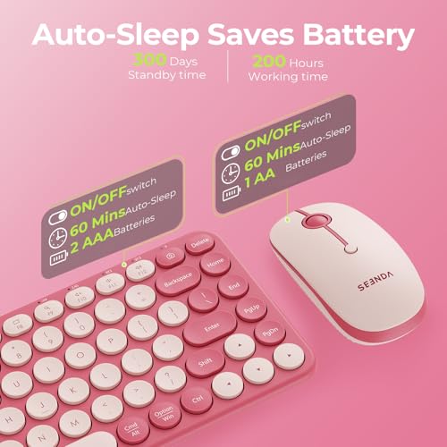 seenda Bluetooth Wireless Keyboard and Mouse Combo, COE203 Quiet Round Keycaps, 3-Device Multi-Connection, Bluetooth & 2.4G USB Receiver, Wide Compatibility with iPad/Tablet/Laptop/Mac/Windows, Pink - color: Pink