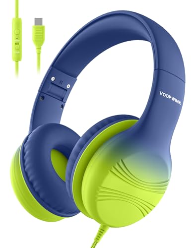 Voopwink USB Type C Kids Headphones, Wired Headphones for Kids with Microphone 85/94dB Volume Limit, Stereo Sound Portable Over Ear Headphones for School/Travel/Tablet/iPad, Blue Lemon - color: Blue Lemon, size: USB Type C Plug