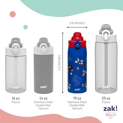 Zak Designs Sonic the Hedgehog Sage 19oz Leak-Proof Straw Kids Water Bottle | BPA Free, Insulated Stainless Steel, Cupholder Friendly, Dishwasher Safe, Lid Lock, Handle, For School, Home, Travel - color: Sonic the Hedgehog (Sage)