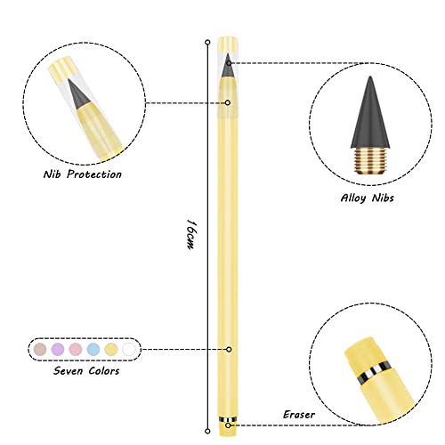 HOTUT Inkless Pencil,7PCS Infinity Pencils with Extra 7 Eraser Reusable Inkless Everlasting Pencil with 7 Replaceable Nibs for Students Writing Drawing Home Office School Supplies - color: Light Multicolor