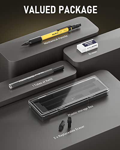 Nicpro 1.3 mm Mechanical Pencil Set with 12 Lead Refill, Eraser - Weatherproof Metal MP2000 Heavy Duty Carpenter Pencil for Outdoor Marking Drafting Drawing Sketching Woodworking - with Case - style: 1 Pack (Yellow)