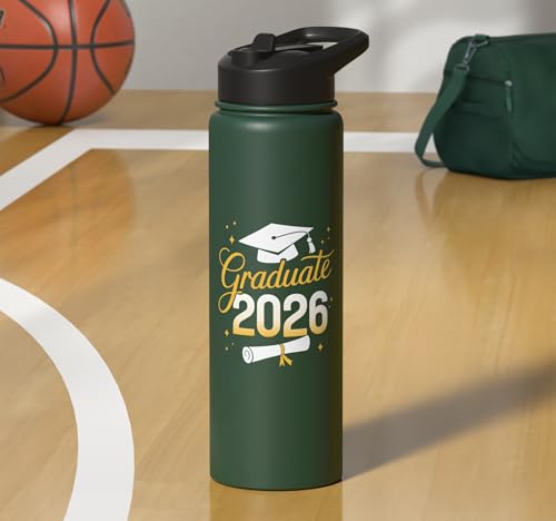 Graduate 2026 for class of 2026 graduation Stainless Steel Insulated Water Bottle - color: Dark Green