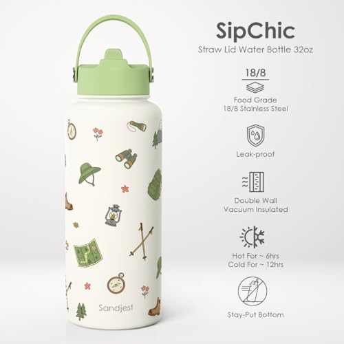 SANDJEST Hiking Lover Gift for Women, Water Bottle Stainless Steel 32oz with Lid & Straw, Insulated Bottles Gifts for Hikers Girls Friends Teens Birthday Christmas - color: Hiking