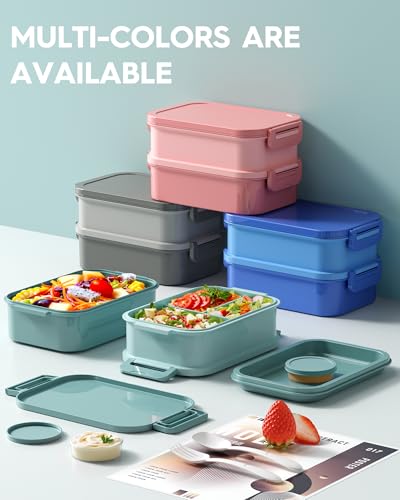 KEMETHY Adults Bento Lunch Box Set with Thermo Bag, 74oz Stackable Leak-proof 3-tiers Bento Box, Built-in Utensil and Sauce Container for Work, School, Dining Out (Green) - color: Lake Green