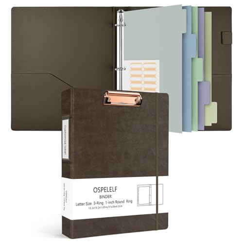 Ospelelf 3 Ring Binder 1 Inch Round Ring, Vintage Hardcover Leather Clipboard Organizer for Letter Size, Professional Binder with Dividers and Tabs, Brown - color: Brown, size: Letter Size - 1 Inch