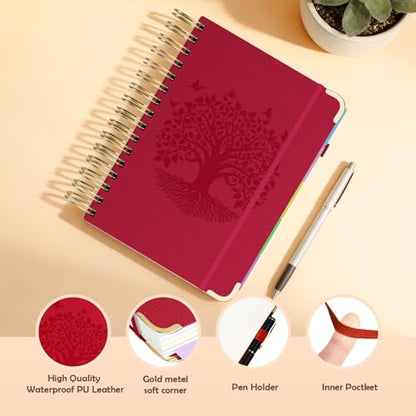 QIYVLOS Hardcover Spiral Notebook, A5 Journal with Removable Dividers Tabs, 5 Subject Notebook College Ruled, 320 Pages 6"x8" Leather Notebooks for Work School Study, Lined Journal for Women, Red - color: A5/Red