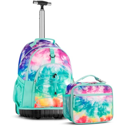 Choco Mocha Rolling Backpack for Girls, 18 Inch Roller Backpack for Middle School Bookbag with Wheels for Teen Girl, Tie Dye Rolling Backpacks for Girls 8-12 with Lunch Bag Set, Colorful - color: Tie Dye Colorful
