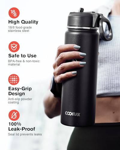 Coolflask 24 oz Insulated Water Bottle with Straw & 3 Leakproof Lids | Water Flask Stainless Steel Triple-Wall Vacuum, Cupholder Friendly, Cold 48+h, Dishwasher Safe, Non-BPA, for Gym & Hiking - color: Magic Black, size: 24 Ounces