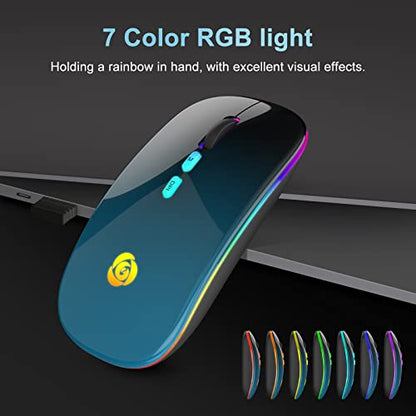 LED Wireless Mouse, Bluetooth Mouse &2.4GHz Instant Connection,Rechargeable Ultra Silent Slim,3 DPI 2 Connection Modes with USB-C to USB Adapter for Laptop/MacBook/PC/Tablet/iPad (Black-blue) | Bluetooth mouse with 2.4GHz USB receiver, silent slim design,