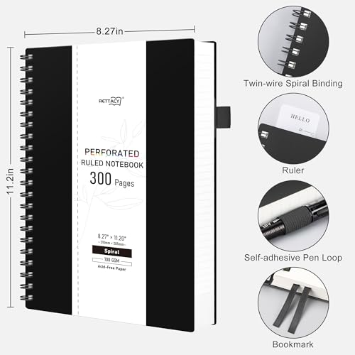RETTACY Spiral College Ruled Notebook, 300 Perforated Pages (8.2" x 11.2") | 100 GSM Thick Paper, Flexible Plastic Cover, for School, Work, Writing, Journaling (Coffee Brown) - color: Coffee Brown