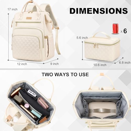 AIJIEKE Lunch Backpack for Women, 15.6 Laptop Backpack, Lunch Box, Beige | Water resistant computer bag with insulated leakproof cooler. Travel meal prep backpack for nurse, teacher, college commute - color: Beige
