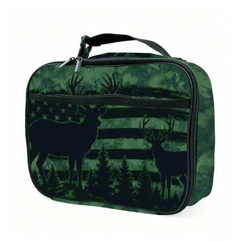 Camo Flag Deer Lunch Box Insulated Reusable Lunch Bag Tote Cooler for Women Men Boy Girl School Work Office Picnic - color: Camo Flag Deer