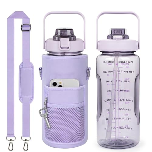 Half Gallon Water Bottle with Sleeve, 64OZ Motivational Water Bottle | Water Jug with Straw, Time Marker, BPA Free, Leakproof, Gym Water Bottle for Sport Workout - color: Pure Purple