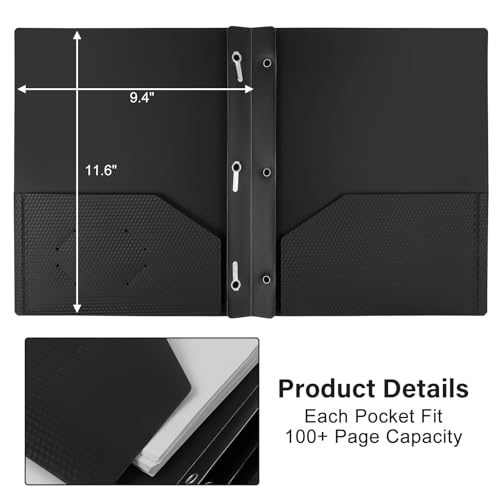 12-Pack Plastic Folders with Pockets and Prongs,2-Pocket Folders with 3 Fasteners, Poly Folders Holds 8-1/2" x 11" Paper for School/Office/Home - color: Black, size: 12-Pack
