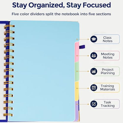 Koogel 5.8x8.3 Inch Subject Spiral Notebook with Tabs, 5 Subject A5 Notebook Blue Wide Ruled Journals with Dividers for Women Gift Office School