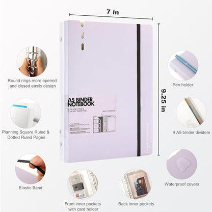CAGIE A5 Binder 6 Ring Notebook with Dividers Refillable Planner Binder with Pockets, Refill Paper Include Planning Square Ruled and Dotted Pages, 6.89 x 9.25 In, (Purple, A5 Daily&Dot Page) - color: Purple, size: A5 Daily&Dot Page