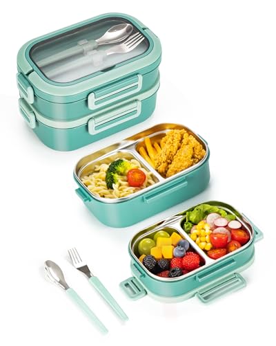 Lille Home Stackable Lunch Box, 2 Tier Stainless Steel Bento Lunch Box, 56oz Large Capacity Leakproof Lunch Containers, 4-Compartment Lunch Box with Utensils for Meal Prep, Work, Picnic(Green) - color: 2 Tier-Green