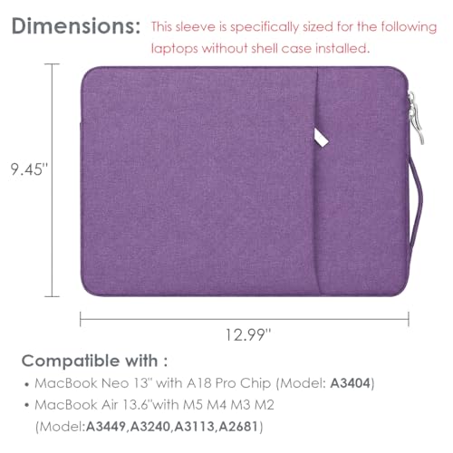 Laptop Sleeve Case for MacBook Air 13.6" & MacBook Pro 13.3" with Handle | WaterProof, with Accessory Pocket, Scratch-resistant,Soft Velvet Lining, Canvas Surface, for Travel, Home, Office(Purple) - color: Purple