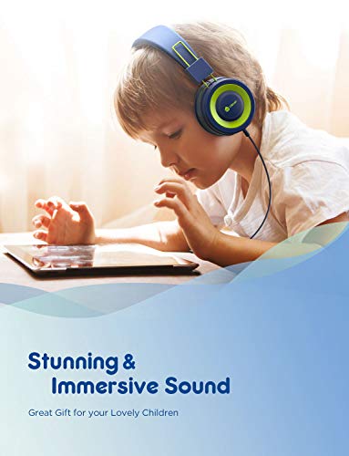 iClever Kids Headphones with Microphone, 85dB/94dB Volume Limited, Stereo 3.5mm Jack, Tangle-Free Wired Headphones for Boys/Girls/School/Travel/iPad, Green - color: Blue,Green