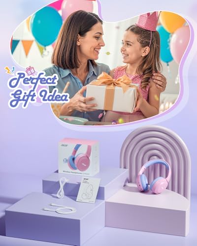Acer Kids Bluetooth Headphones, 85/94dB Volume Limiter, Foldable Wireless Over-Ear Headphones for iPad, Travel, 60H Playtime, Bluetooth 6.0, Built-in Mic, Pink Purple - color: Pink Purple