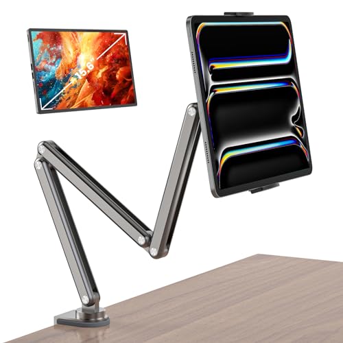 KU XIU Tablet Stand for Desk, Aluminum Alloy Foldable Tablet Arm Mount Holder Compatible with iPad 10/9th, iPad 13/12.9/11" M3 M4 M5 Pro Air, For Samsung Galaxy Tab & More 7-15.6" Tab Portable Monitor